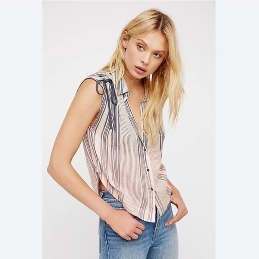 Free People Baby Blues Button Down Ombré Short Sleeve Button Up Medium